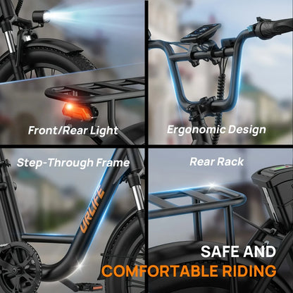URLIFE E20 Electric Bike 1000W – 48V 13Ah Removable Battery, 20"×3" Fat Tire, 20MPH 7-Speed E-Bike with Dual Disc Brakes