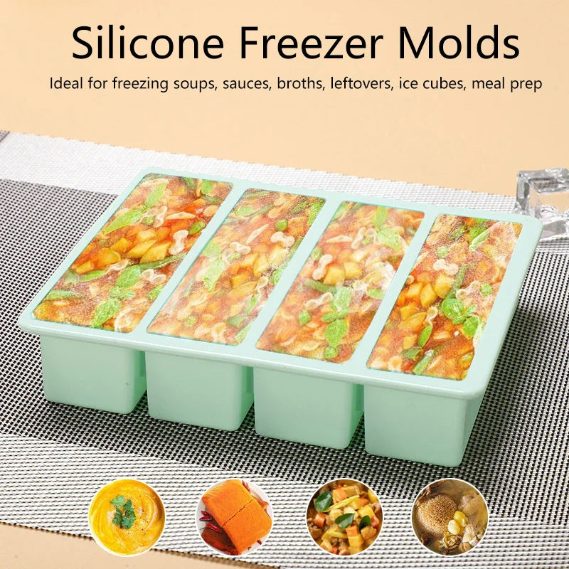 Extra Large Silicone Freezer Tray with Lid – Giant 4-Cube Food Storage Mold for Soup, Sauce & Meal Prep Ice Cubes Kitchen Container