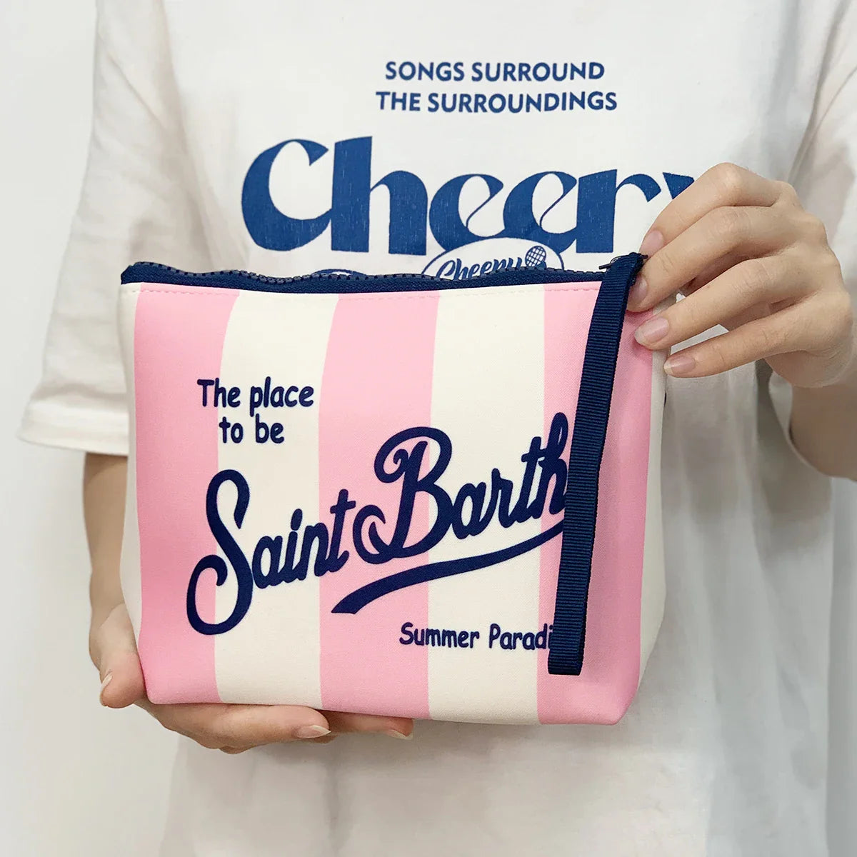 S-SAINT BARTH Pink Neoprene Clutch Bag – Trendy Vertical Zip Pouch Makeup & Toiletry Purse for Women