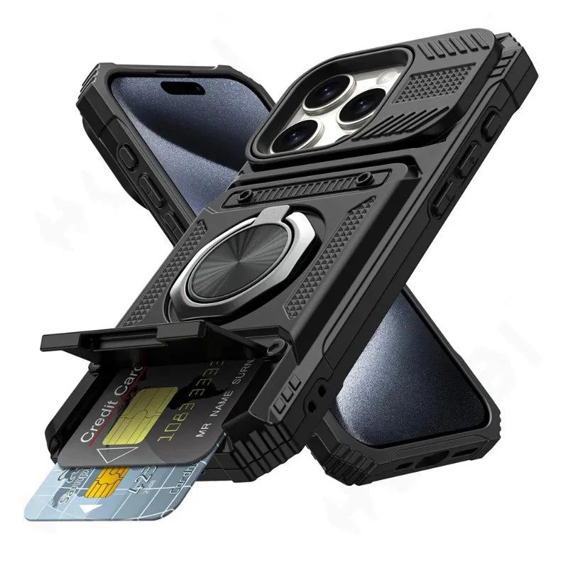 Magnetic Ring Kickstand iPhone Case - Heavy Duty Drop Protection Wallet Cover for iPhone 7-16 Series