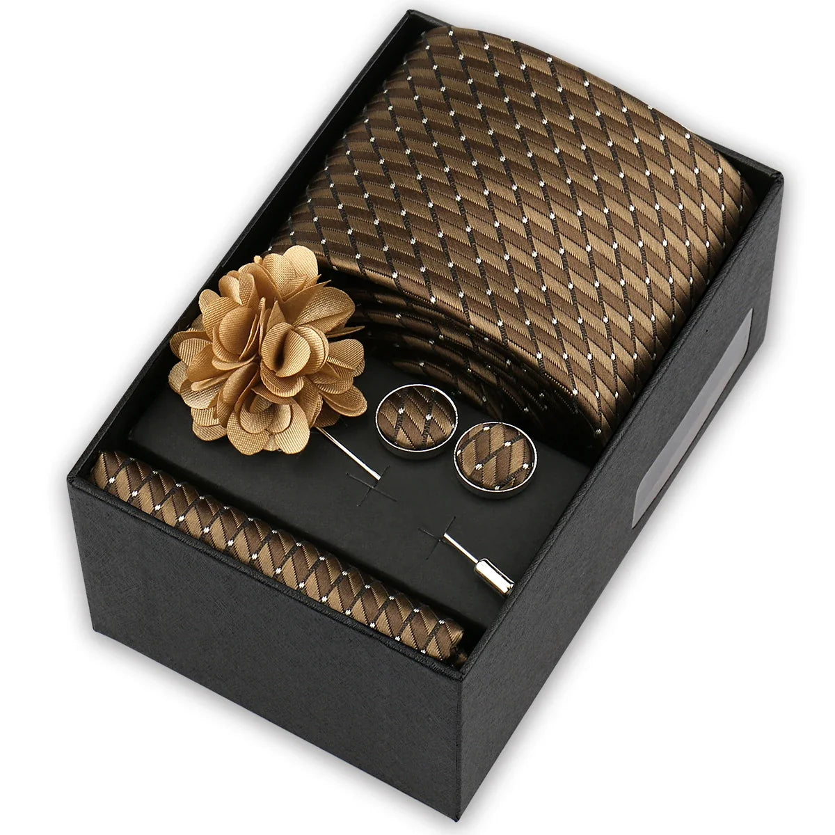 Men’s 4-Piece Tie Set Gift Box - Elegant Necktie with Handkerchief, Cufflinks & Brooch for Business, Wedding & Suit Accessories