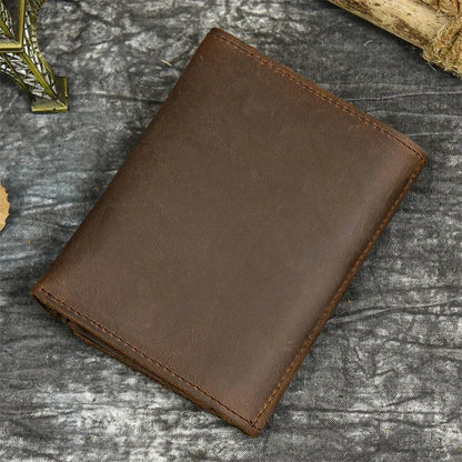 Men’s Genuine Leather Short Wallet with Chain – Trifold Zipper Clutch, Card Holder & Coin Purse