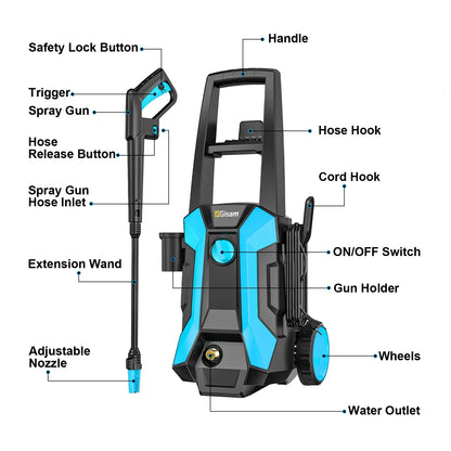 2200W 200Bar Electric Pressure Washer - Car & Garden Cleaning Gun with 180° Adjustable Nozzle