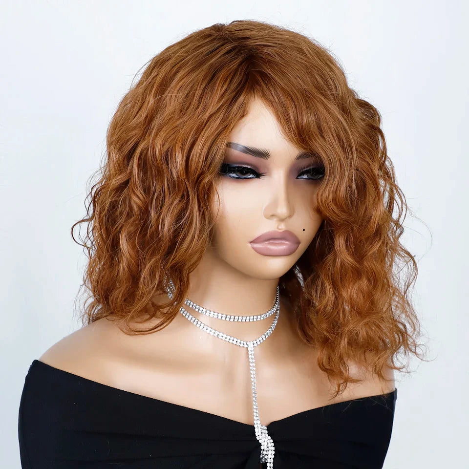 Honey Curly Bob Human Hair Wig — Side Part Pre-Plucked Glueless Brown & Blonde Curly Wig with Fringe Bangs