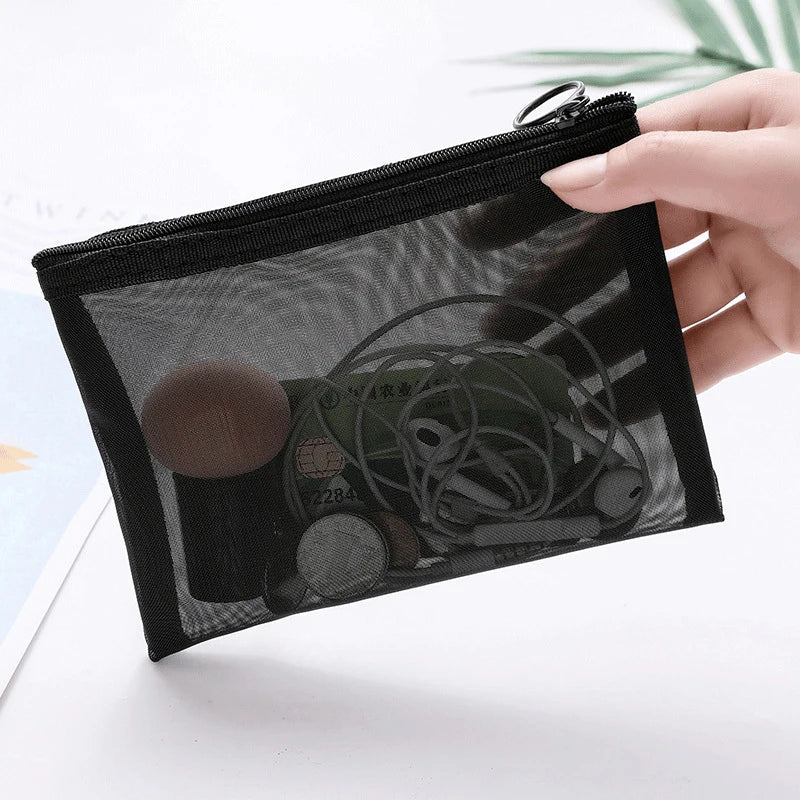 Transparent Mesh Zipper Cosmetic Bag – Fashionable Black Toiletry Organizer, Small & Large Makeup Pouch for Women