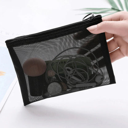 Transparent Mesh Zipper Cosmetic Bag – Fashionable Black Toiletry Organizer, Small & Large Makeup Pouch for Women