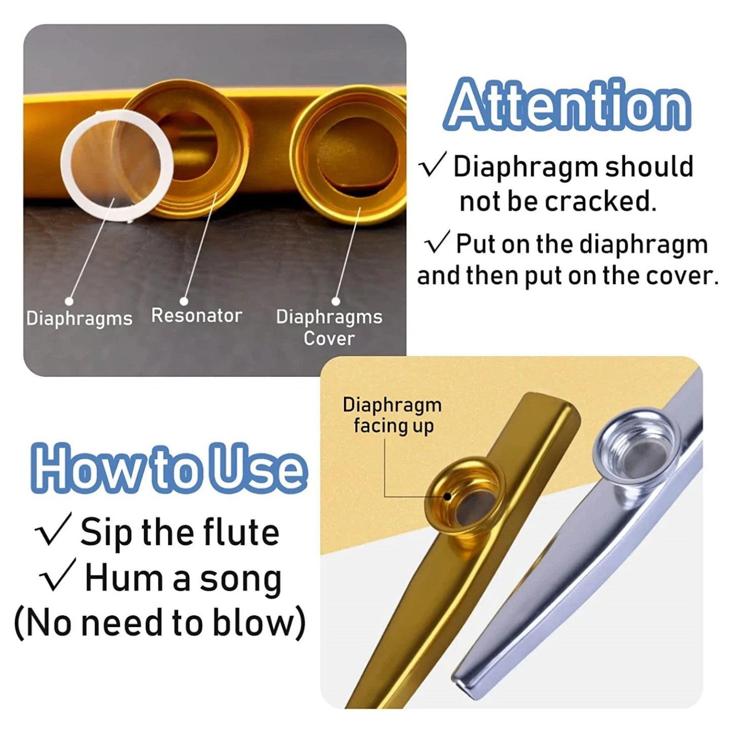 Golden Aluminum Kazoo - Membrane Diaphragm Musical Instrument for Beginners & Performers
