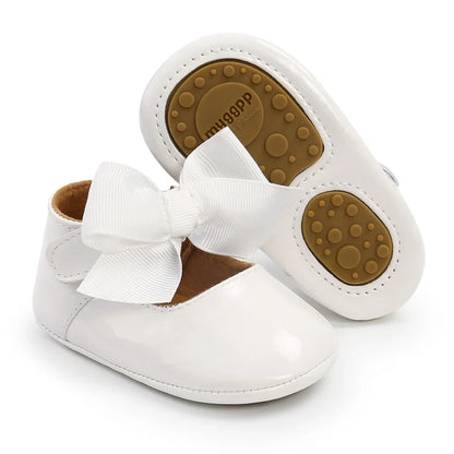 Meckior Baby Girl Shoes – Bowknot PU Ballet Slippers with Rubber Anti-Slip Sole, First Walker Toddler Crib Dress Shoes