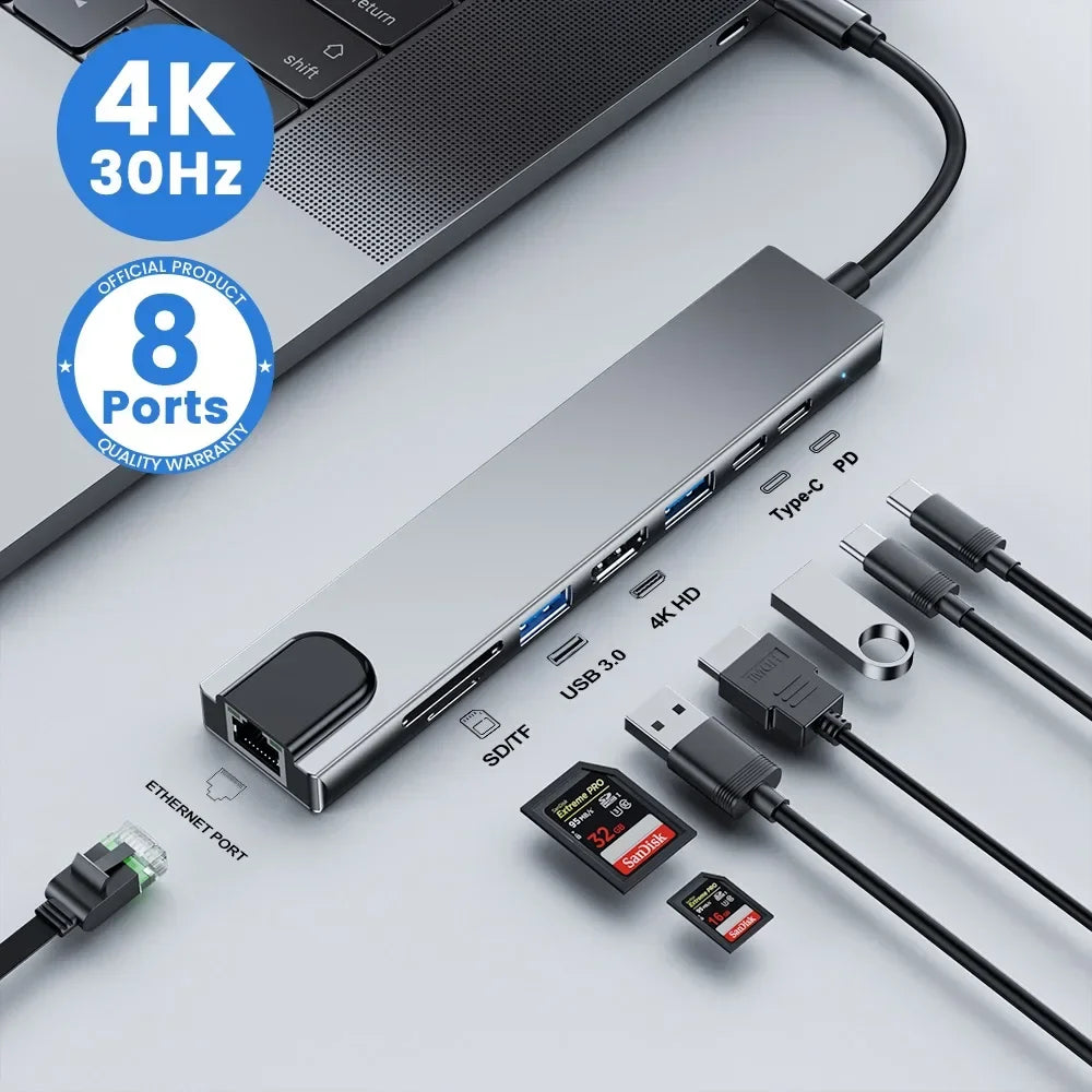 8-in-1 USB-C Hub – Type-C 3.1 to 4K HDMI Adapter with RJ45, SD/TF Card Reader & PD Fast Charging for MacBook & Laptops