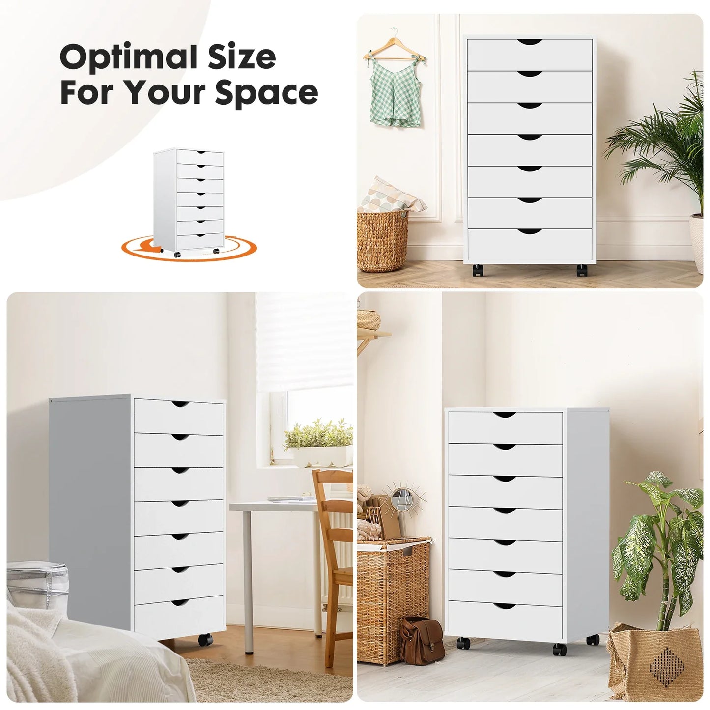 7-Drawer Wooden Chest Dresser – Mobile Nightstand Storage Cabinet with Wheels for Office & Living Room Organizer
