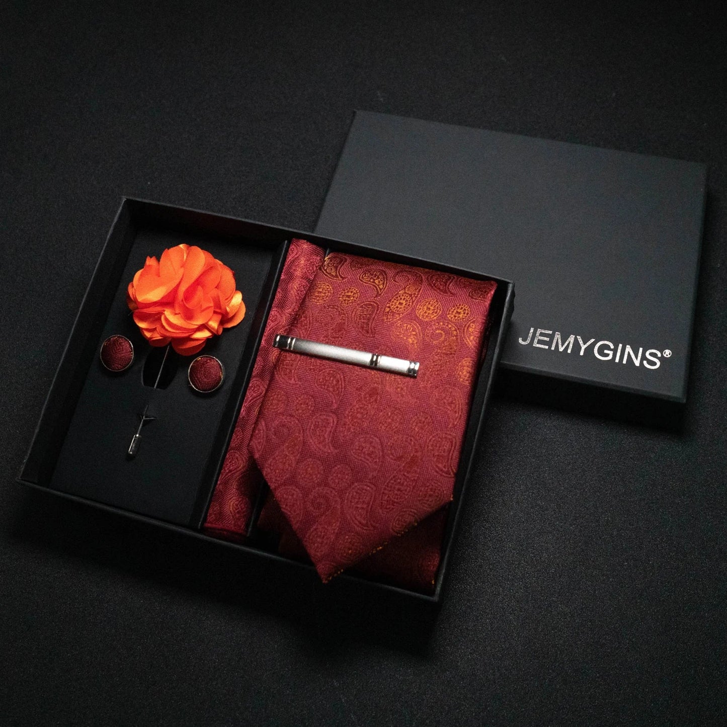 Wine Red Paisley Silk Tie Set for Men - Luxury Wedding Neck Tie with Pocket Square & Cufflinks Gift Box Accessories