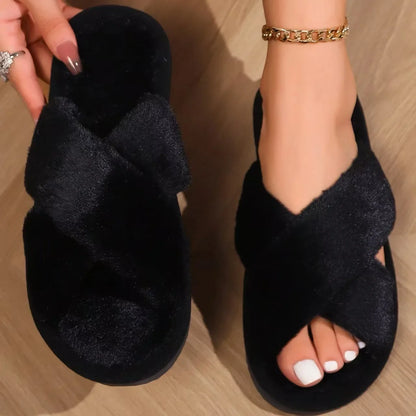 Popular Cross Furry Slippers for Women – Fluffy EVA Slides, Soft Flat Shoes for Autumn & Winter Outdoor Fashion