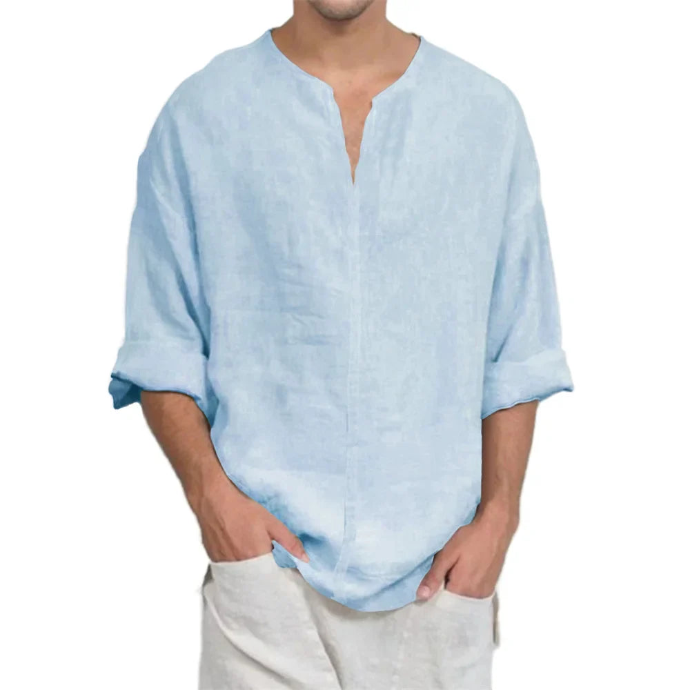 Men’s Cotton Linen V-Neck T-Shirt - Lightweight Breathable Long Sleeve Casual Solid Color Comfort Top