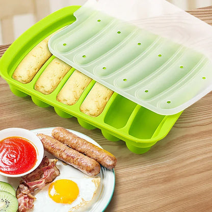 6-Grid Silicone Sausage Maker Mold with Lid – DIY Ham & Hot Dog Shaping Tool for Kitchen Baking & Food Preparation