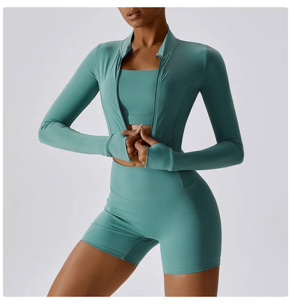 3PCS Women’s Yoga & Workout Set – Long Sleeve Zipper Top with High Waist Leggings Fitness Sportswear