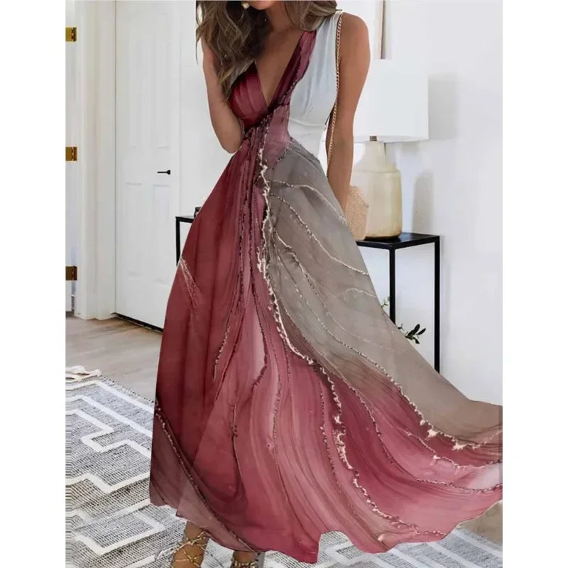 Women's Summer V Neck Maxi Dress - Sleeveless High Waist Elegant Print Dress for Office & Holiday Wear