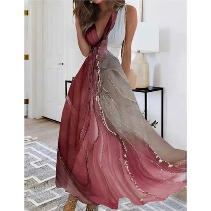 Women's Summer V Neck Maxi Dress - Sleeveless High Waist Elegant Print Dress for Office & Holiday Wear