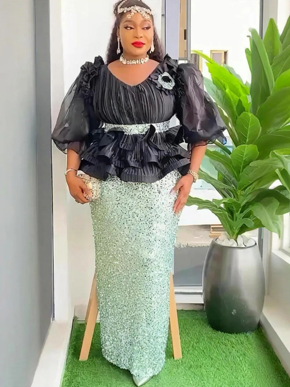 Plus Size African Sequin Evening Dress - Elegant Luxury Ankara Gown for Wedding, Party & Formal Events