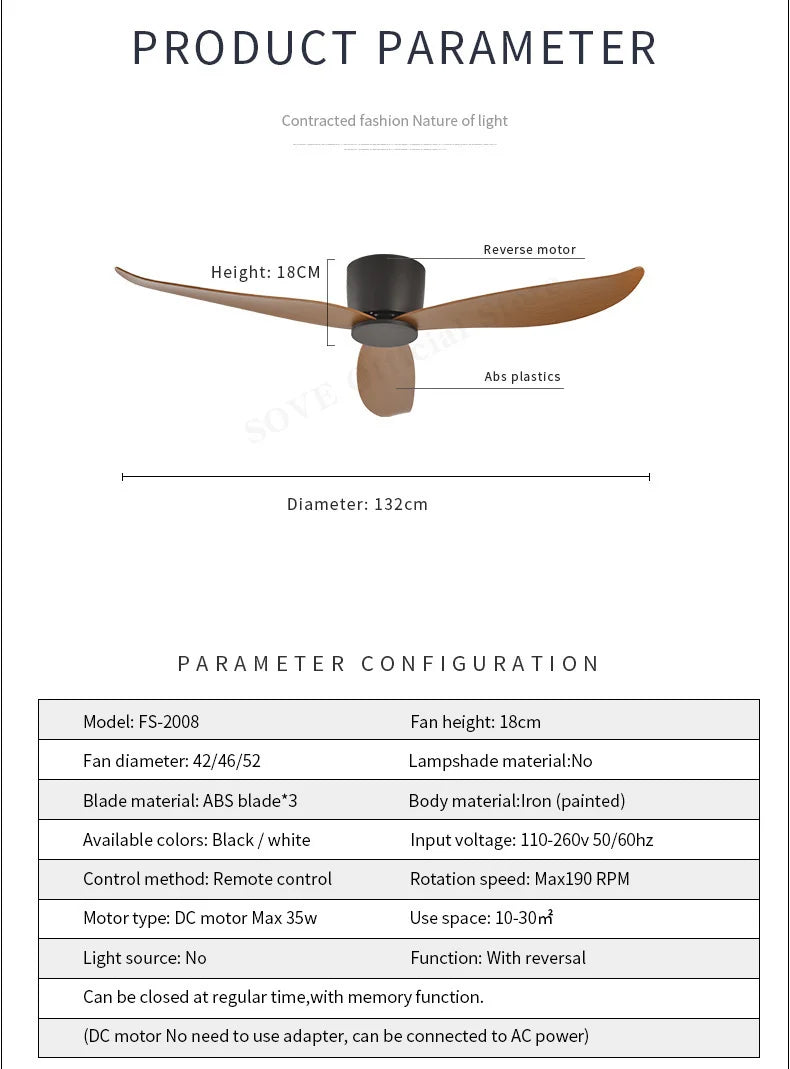 SOVE White Ultra-Thin 17cm DC Ceiling Fan — Low Floor Remote Control, Simple Design, No Light, 220V
