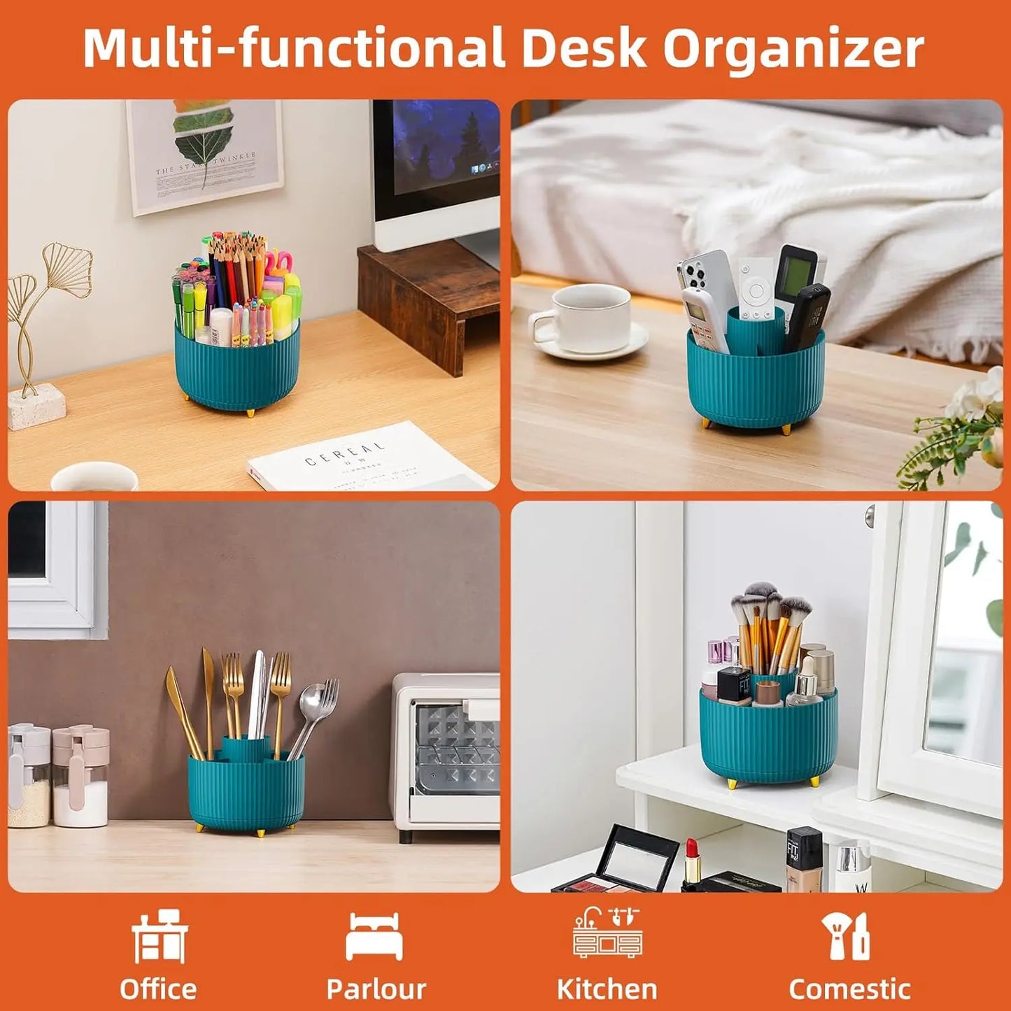 5 Compartment Rotating Pen Holder - 360° Desktop Organizer Caddy for Office, Home & Art Supplies