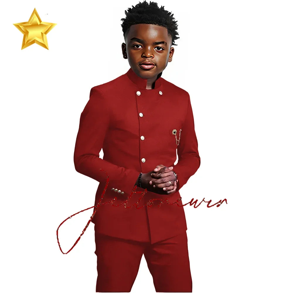 African Style Boys Suit - Stand Collar Blazer and Pants 2 Piece Casual Business Kids Formal Wear