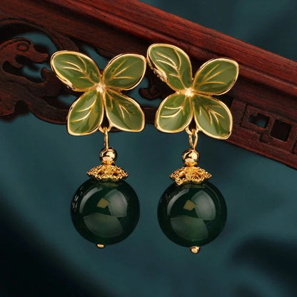 Vintage Flower Drop Earrings - Natural Stone Ethnic Jewelry for Women