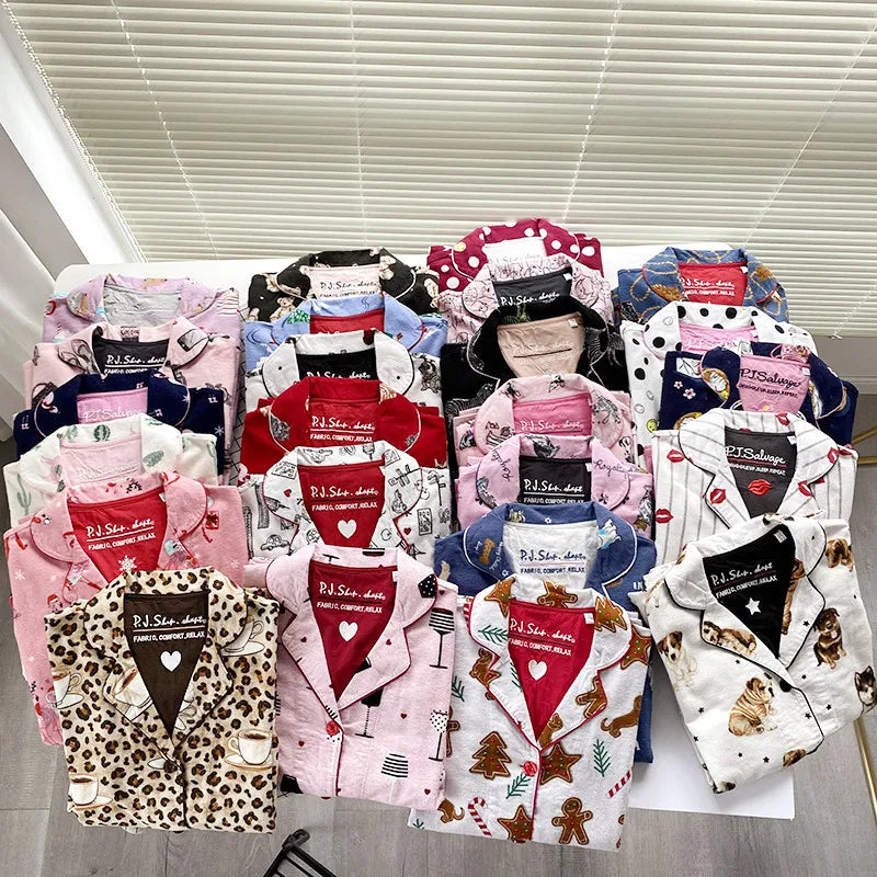 Women's Winter Cartoon Pajama Set - Warm Cotton Wool Sleepwear Long Sleeve Homewear