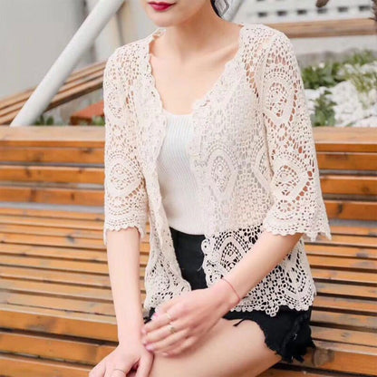 Women's Knit Lace Shrug – Hollow Crochet Floral 3/4 Sleeve Open Front Crop Cardigan F3MD