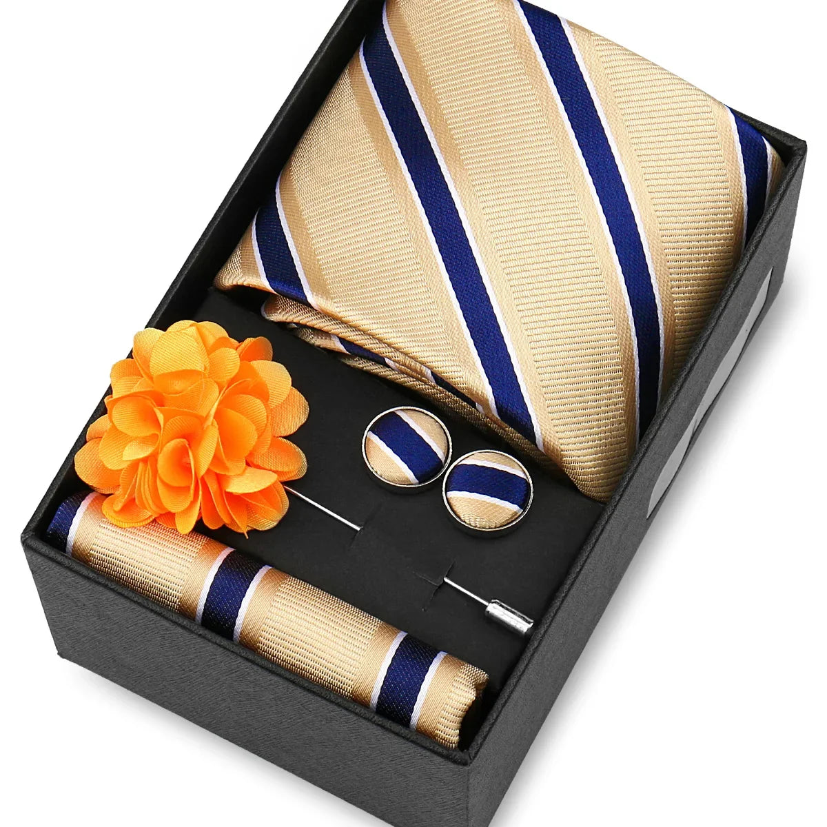 Elegant Men’s Necktie Gift Set - Fashion Tie with Handkerchief, Cufflinks & Brooch Pin Accessories for Business & Wedding