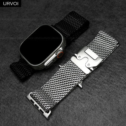 URVOI Stainless Steel Mesh Band for Apple Watch Ultra 2/1, Series 10/9 – 316L Secure Parachute Buckle, 46/49mm