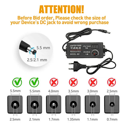 Adjustable AC DC Power Supply Adapter - 3V 9V 12V 24V 36V Voltage Converter with Multiple Amp Options & Plug Set