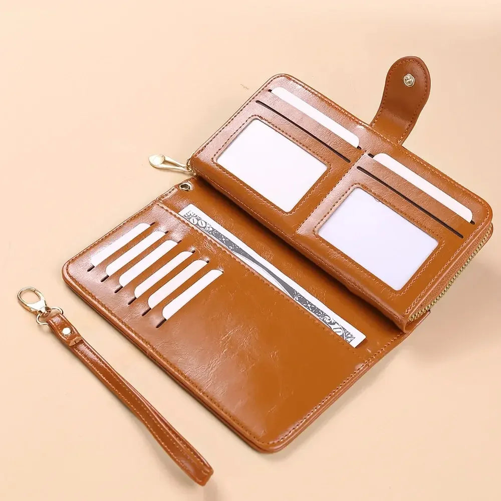 Women’s Vintage PU Leather Clutch Wallet – Large Capacity Phone Purse with Wristband, Card Holder & Pouch Bag