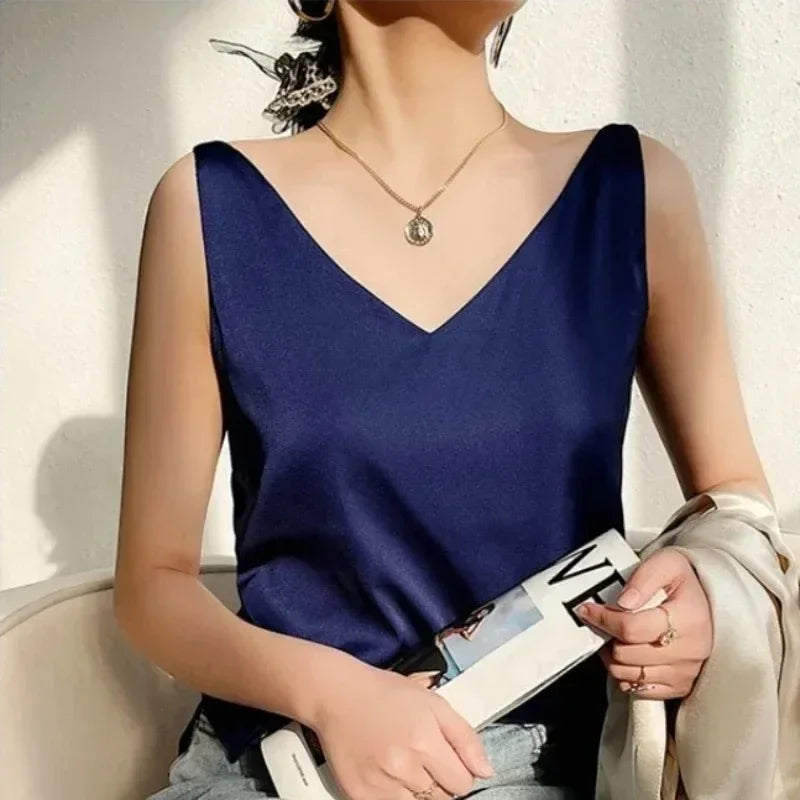 Women's V Neck Satin Silk Top - Sleeveless Acetic Acid Blouse for Elegant Summer Fashion