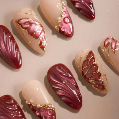24PCS Strawberry Bow Press On Nails - Red Short Almond Pearl Starlight Floral False Nail Art Tips