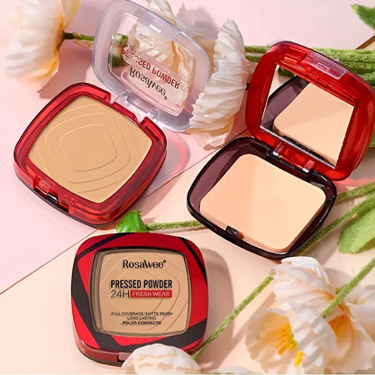 Matte Full Coverage Pressed Powder Foundation - 24H Fresh Wear with Puff Applicator, Weightless Finish Makeup