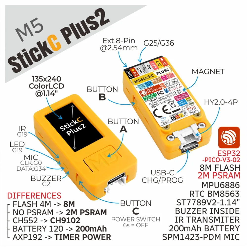 M5Stack M5StickC PLUS2 Portable IoT Development Kit - ESP32-PICO, 1.14-inch TFT Screen, Watch-Type Wearable IoT Controller