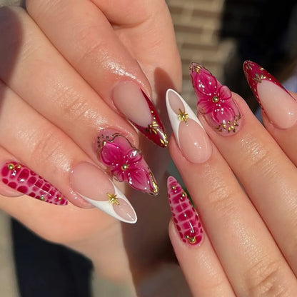 24PCS Strawberry Bow Press On Nails - Red Short Almond Pearl Starlight Floral False Nail Art Tips