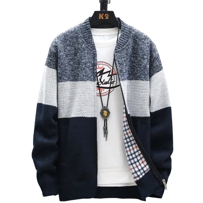 Men's Autumn Winter Fleece Cardigan Sweater - Zipper Velvet Contrast Stripe Casual Warm Jacket Coat