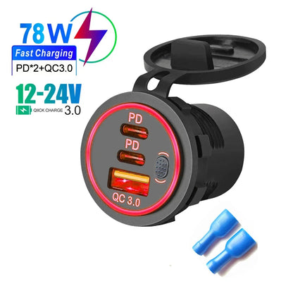 QC3.0 + PD 78W Car Charger Socket Triple USB Type-C Fast Charging Power Adapter with Switch Waterproof 12V/24V Universal Car Charger