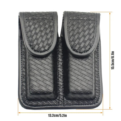 Tactical Black Basketweave Double Magazine Pouch - Leather Handgun Mag Holder with Snap Closure