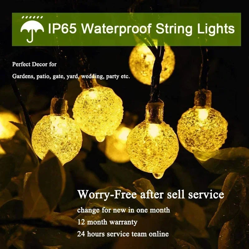 Solar Powered LED String Lights - Waterproof Crystal Globe Lights with 8 Modes for Outdoor Garden and Party Decor