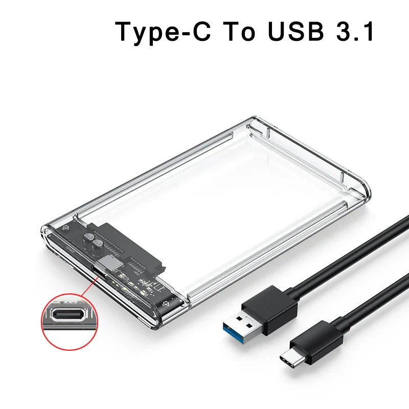 Clear 2.5 Inch SATA SSD HDD Enclosure - USB 3.0 Type-C External Hard Drive Case with UASP Support