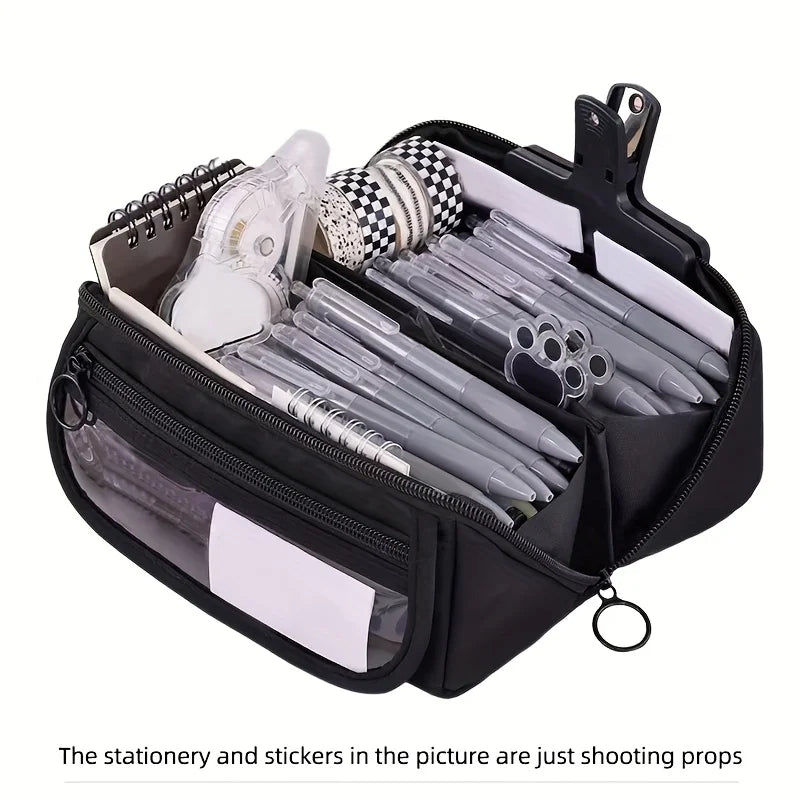 Large Capacity Pencil Case Organizer - Multi Compartment School & Office Supply Storage Bag in Pink Purple Black
