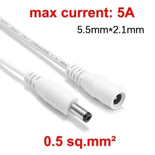 DC Power Extension Cable - 5.5x2.1mm Male Female Jack Cord for LED Strip, CCTV Camera & 5V/12V Devices