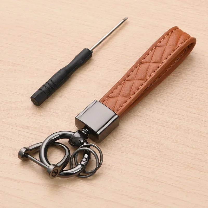 5-Color Genuine Leather Plaid Keychain – Luxury Black Buckle Car Key Ring for Men & Women, Gift for Friends
