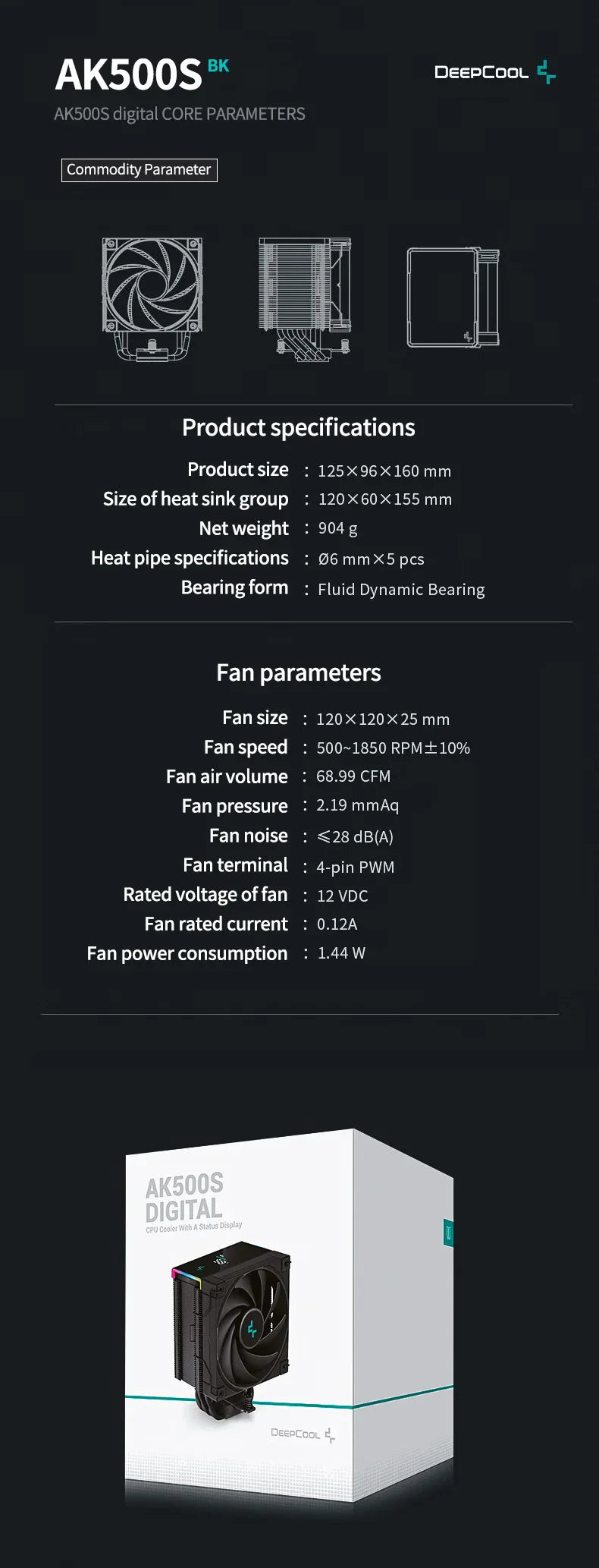 DeepCool AK500S CPU Cooler – Digital Display, 5 Heat Pipes, 240W TDP, 120mm FDB Silent Air Cooler Heatsink