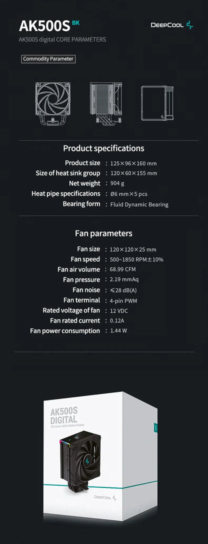 DeepCool AK500S CPU Cooler – Digital Display, 5 Heat Pipes, 240W TDP, 120mm FDB Silent Air Cooler Heatsink