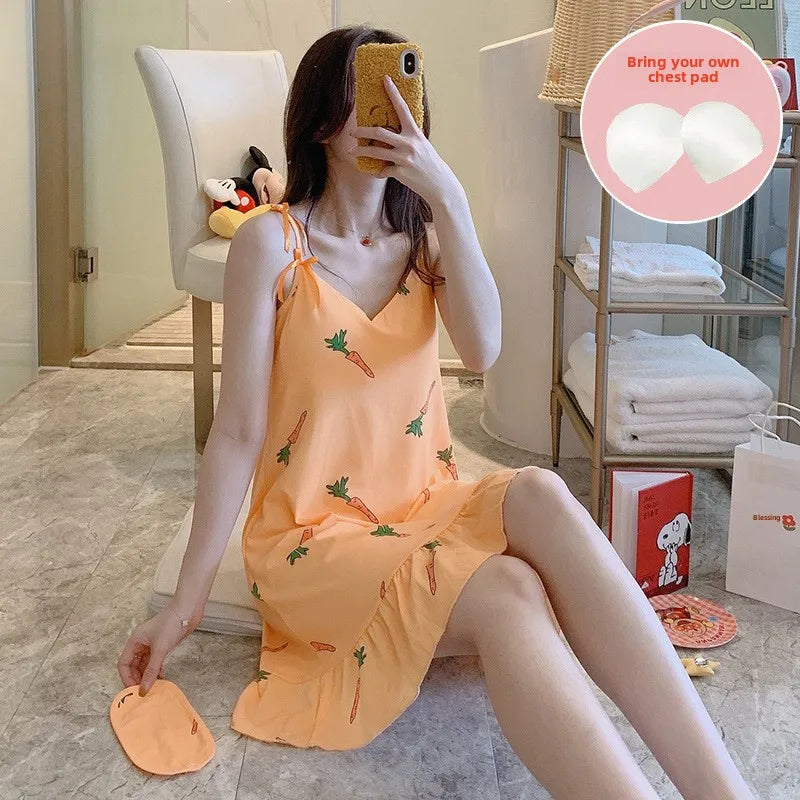 Women’s Cartoon Animal Pajama Set - Cute Loose Sling Nightgown with Bra Pad & Free Eye Mask for Sleepwear