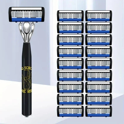 Classic 6-Layer Manual Razor Set – 1 Handle with 12/18 Stainless Steel Replacement Blades for Daily Face Shaving