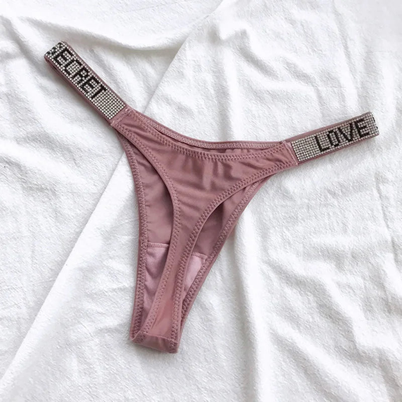 Women’s Sexy Rhinestone G-String Thong – Low Waist T-Back Sports Panties, Diamond Letter Design, Sizes S–XL
